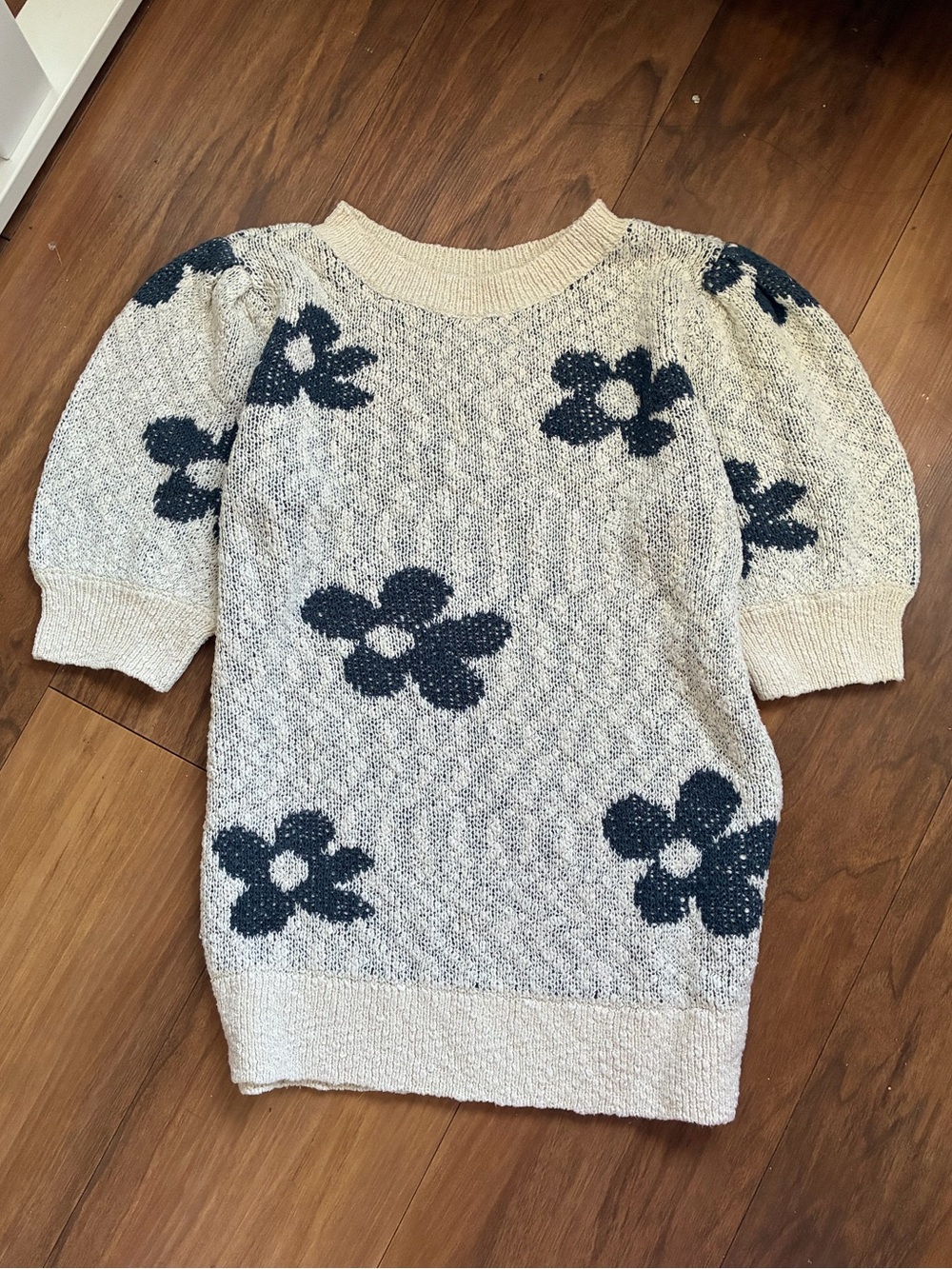 Sonoma Cottagecore Floral Puff Sleeve Sweater Top Navy Cream Knit S Cotton Blend